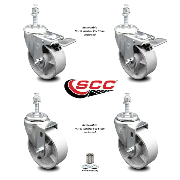 Service Caster Semi Steel Swvl TS Caster w/Roller Bearing-4"Wheels&12MM Stems-2 w/TTL BRK, 4PK SCC-TSTTL20S415-SSR-M1215-2-S-2 - main